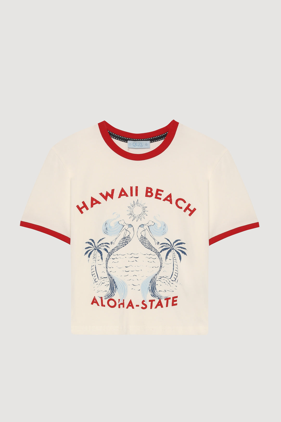 Şeritli Yazı Baskılı Crop Tişört Ekru