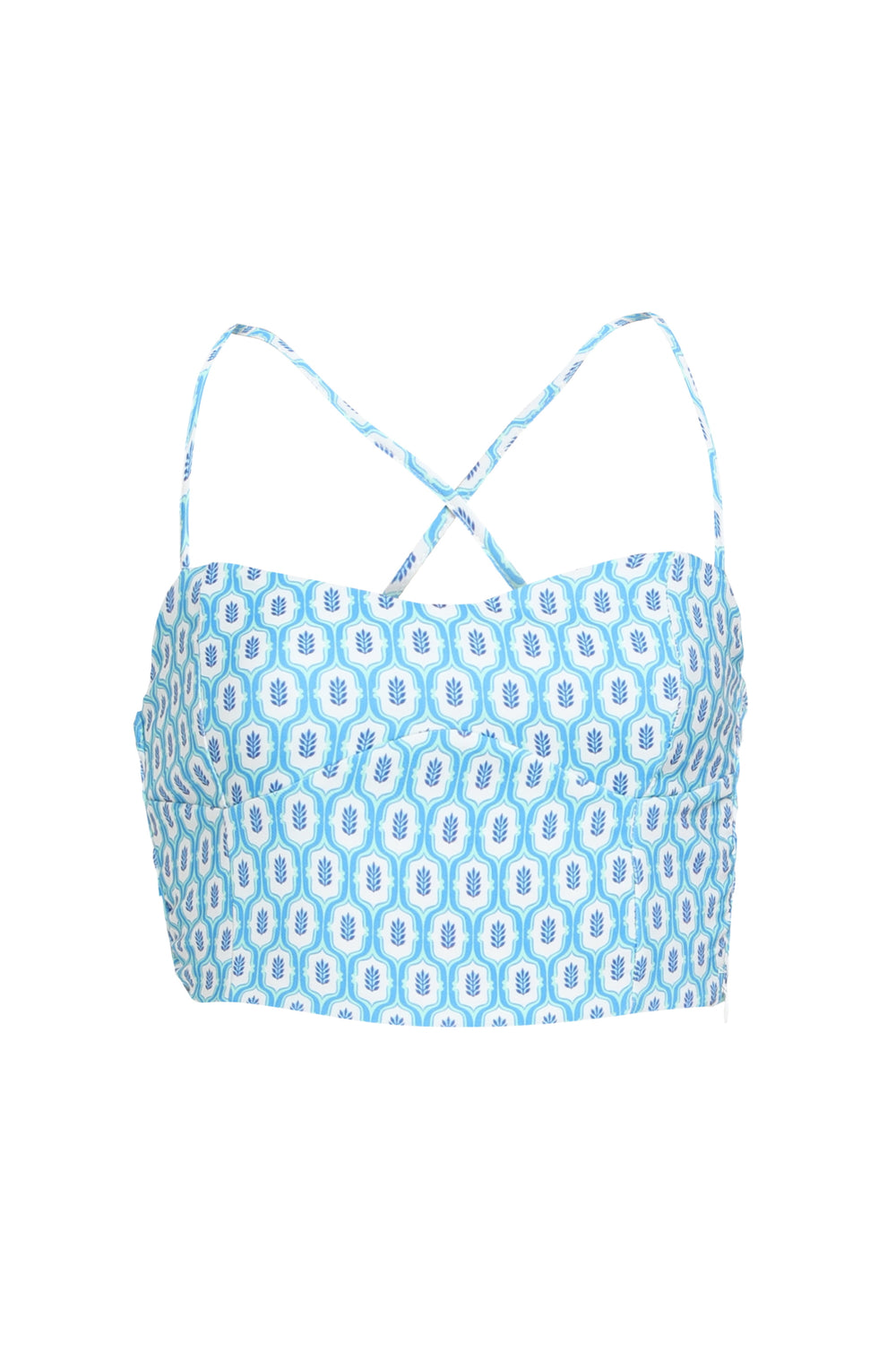 Cross-Strap Patterned Crop Blouse Blue