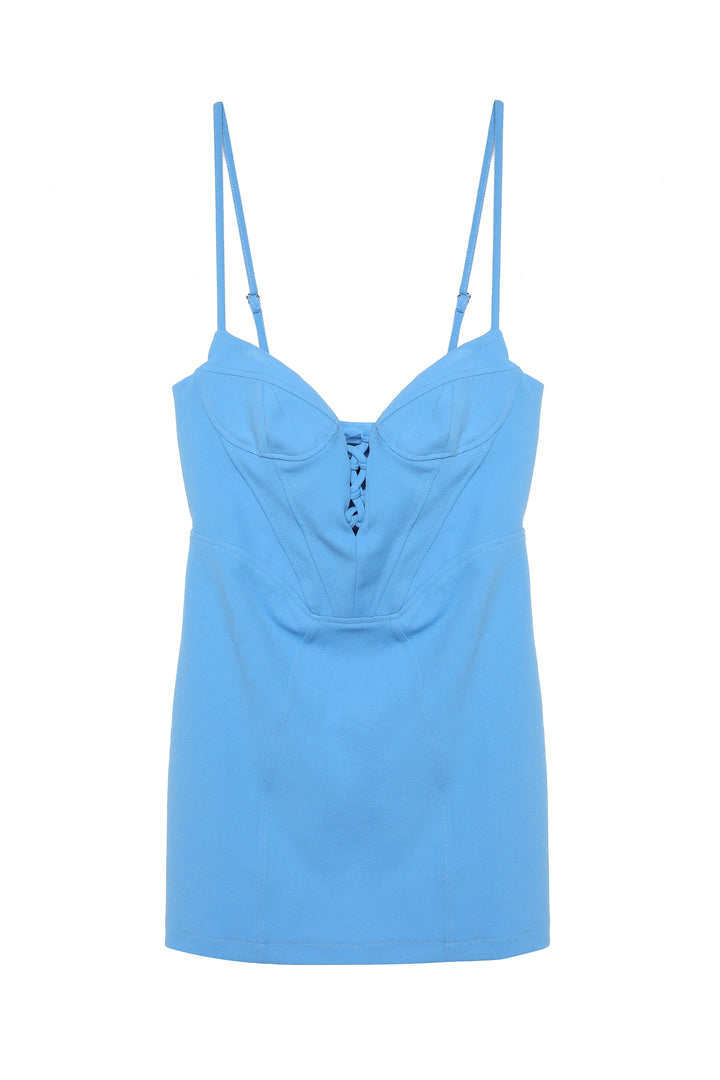 Askılı Önden Bağlamalı Mini Elbise Mavi