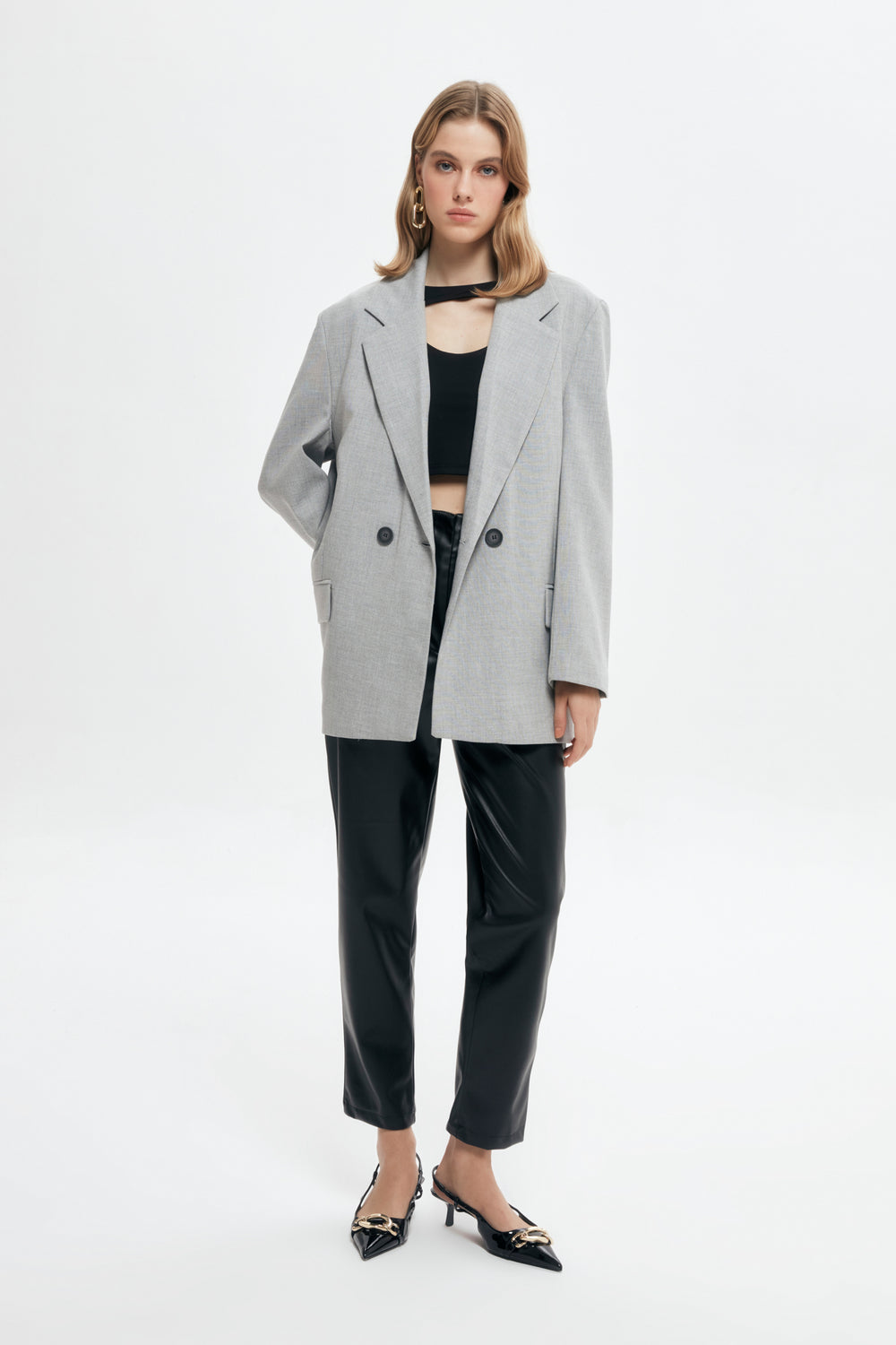 Double Breasted Lapel Oversize Blazer Jacket Light Gray