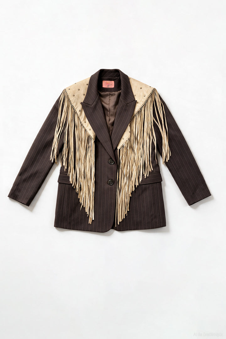 Püsküllü Şallı Oversize Blazer Ceket Kahverengi