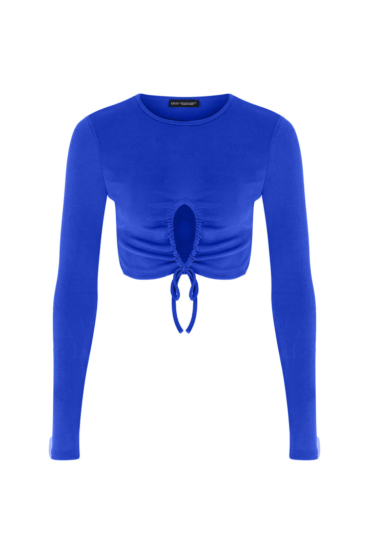 Dekolte Detaylı Crop Bluz Mavi