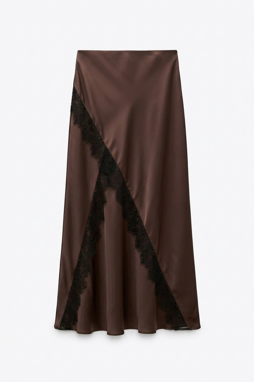 Dantel Şeritli Saten Midi Etek Kahverengi