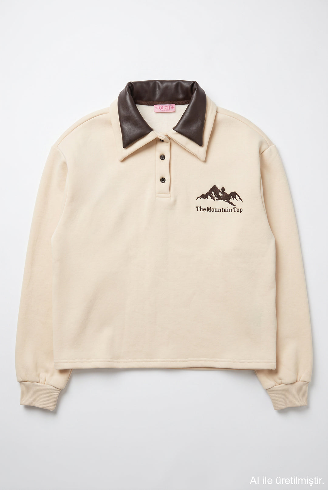 Polo Yaka Yazı Nakışlı Oversize Sweatshirt Bej