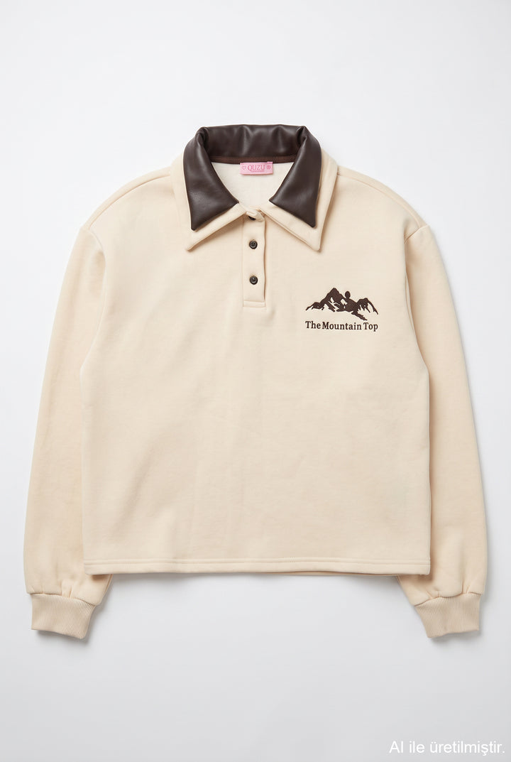 Polo Yaka Yazı Nakışlı Oversize Sweatshirt Bej