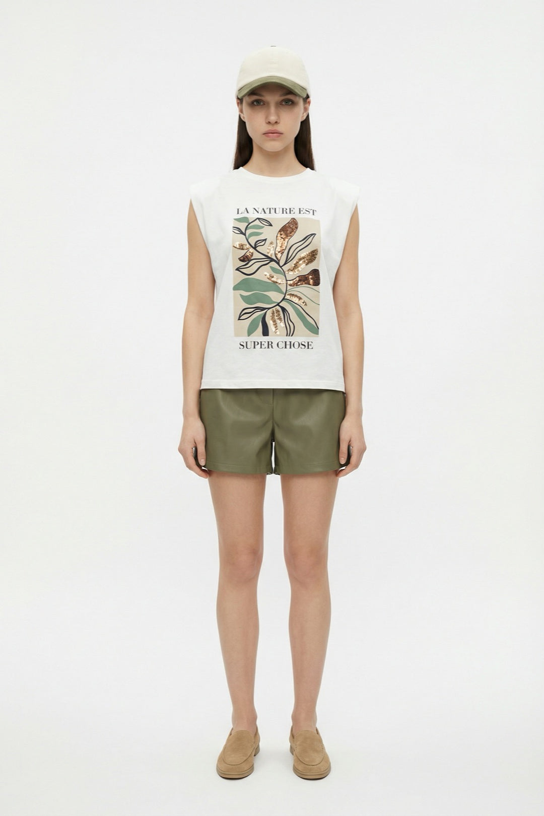 Pul İşlemeli Yaprak Baskılı Kolsuz Tişört Ekru