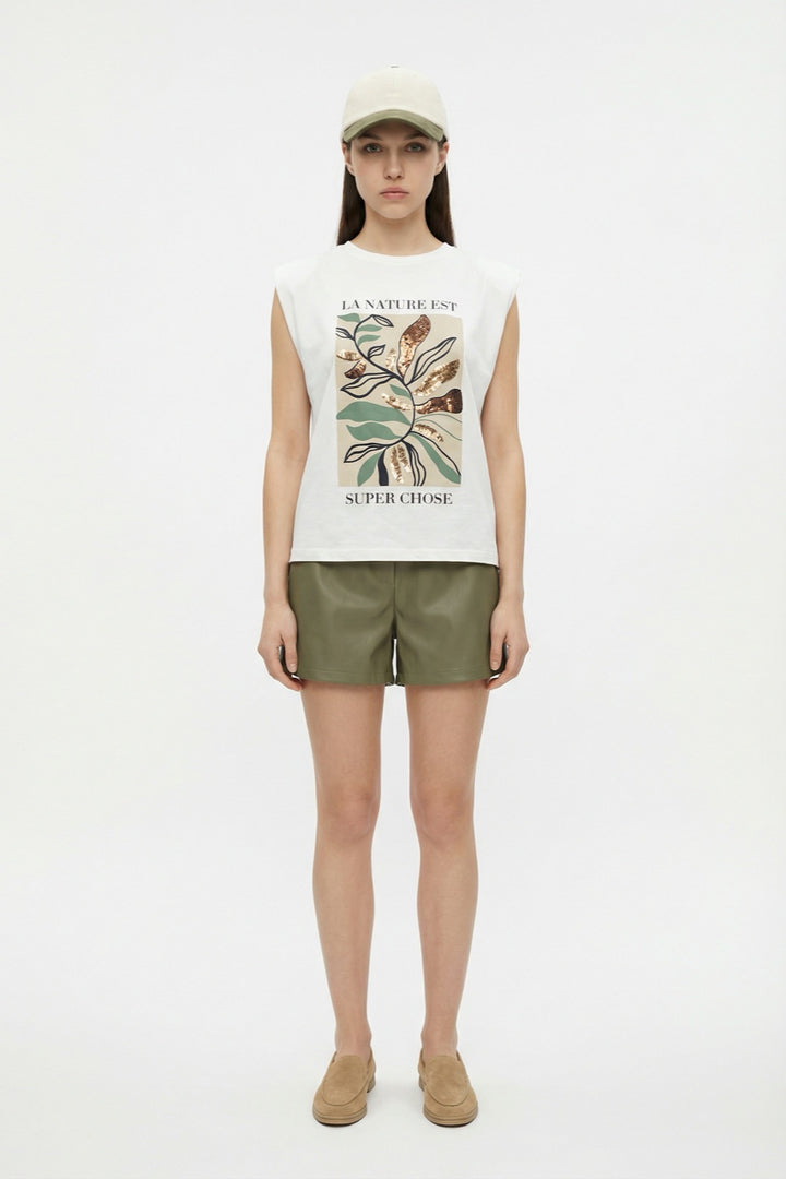 Pul İşlemeli Yaprak Baskılı Kolsuz Tişört Ekru