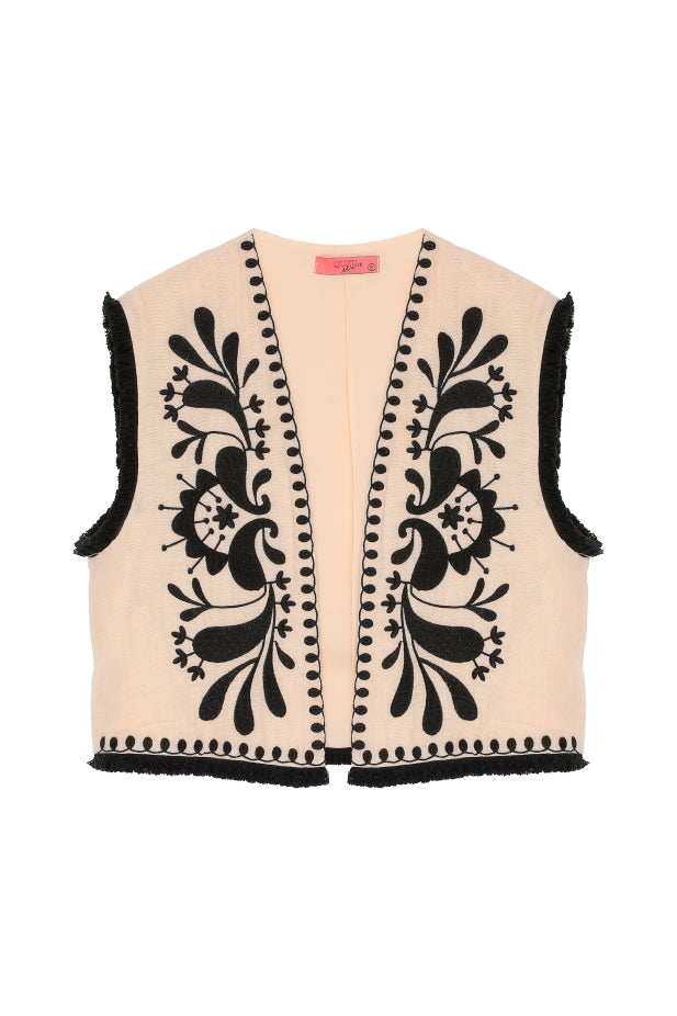 Püskül Detaylı Nakışlı Yelek Bej