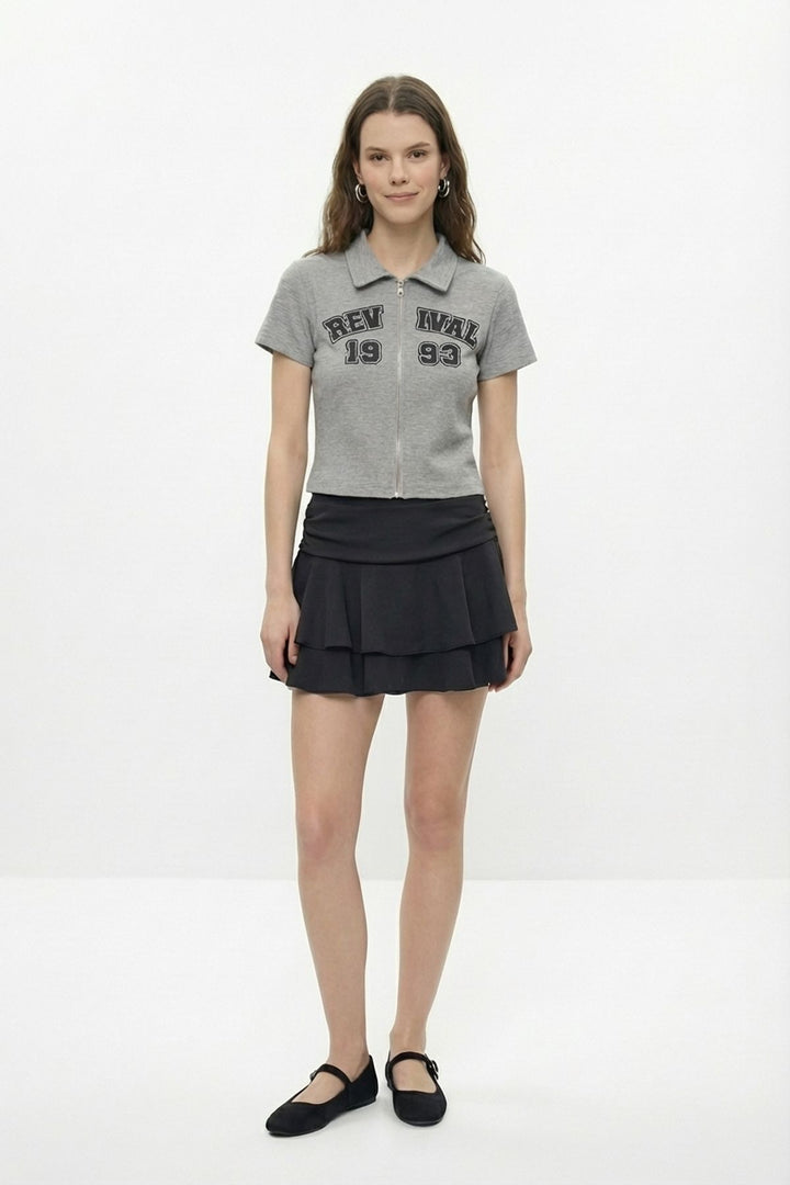 Fermuarlı Baskılı Polo Yaka Tişört Grimelanj