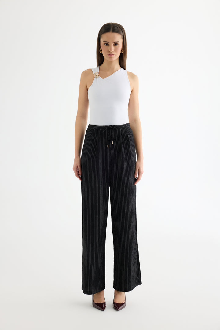 Çizgili Bağcıklı Bol Paça Pantolon Siyah