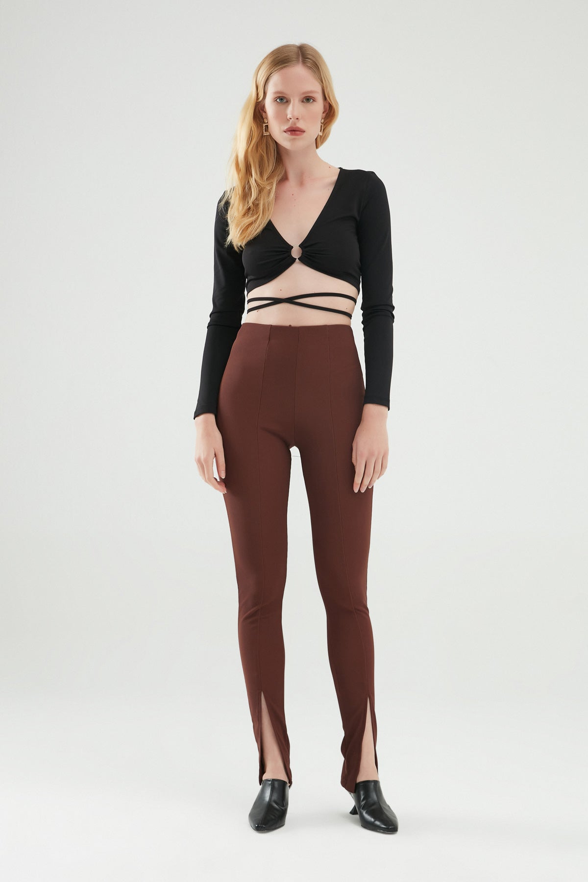 Elastic Waist Slit Trousers Brown