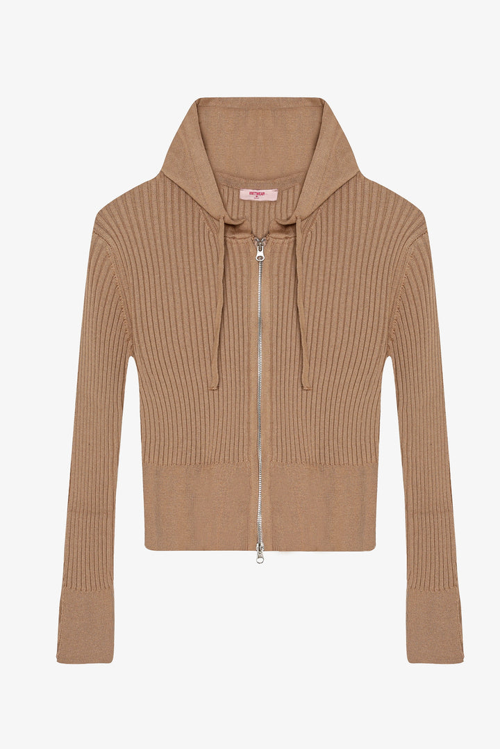 Fermuarlı Kapüşonlu Triko Hırka Vizon