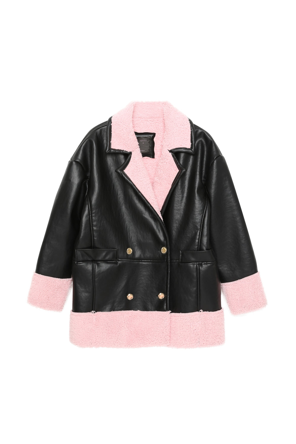 Plush Detailed Leather Coat Black