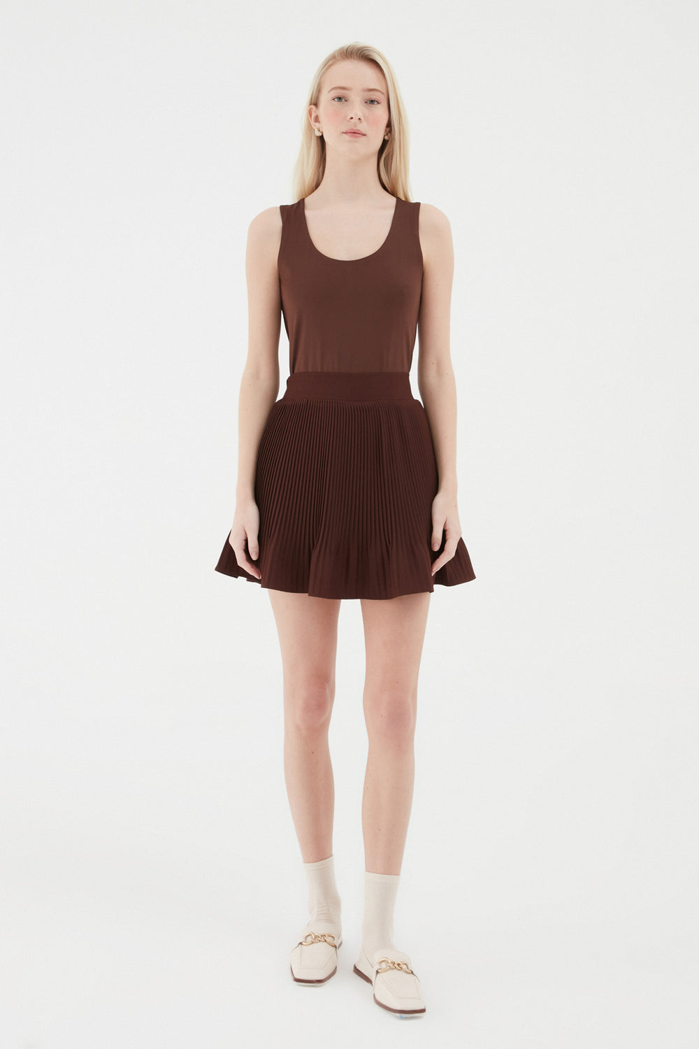 Pleated Short Mini Skirt Brown