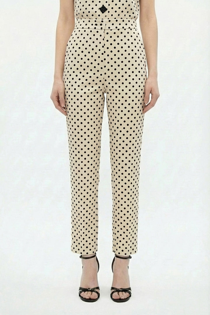 Puantiyeli İspanyol Paça Pantolon Krem