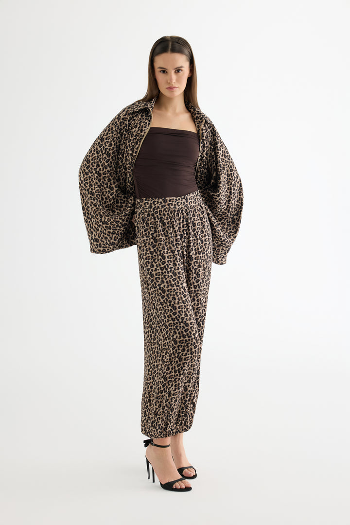 Leopar Desenli Saten Jogger Pantolon Kahverengi