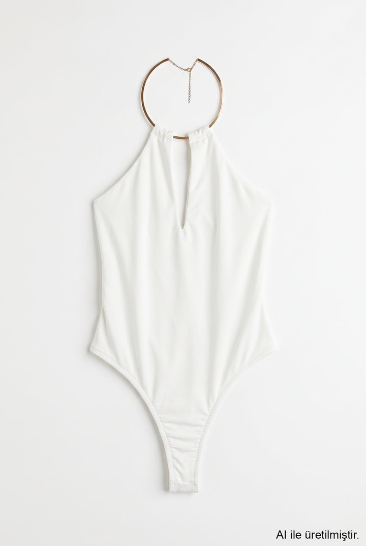 Gold Halka Aksesuarlı Bodysuit Ekru