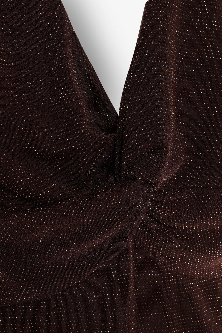 Simli Drape Düğümlü Bodysuit Kahverengi