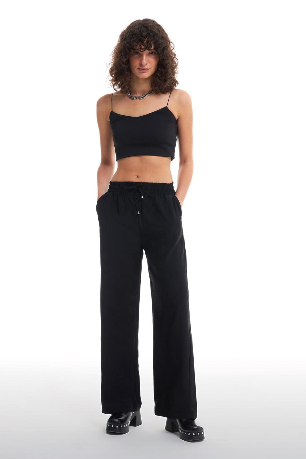 Elastic Waist Wide Leg Trousers Black