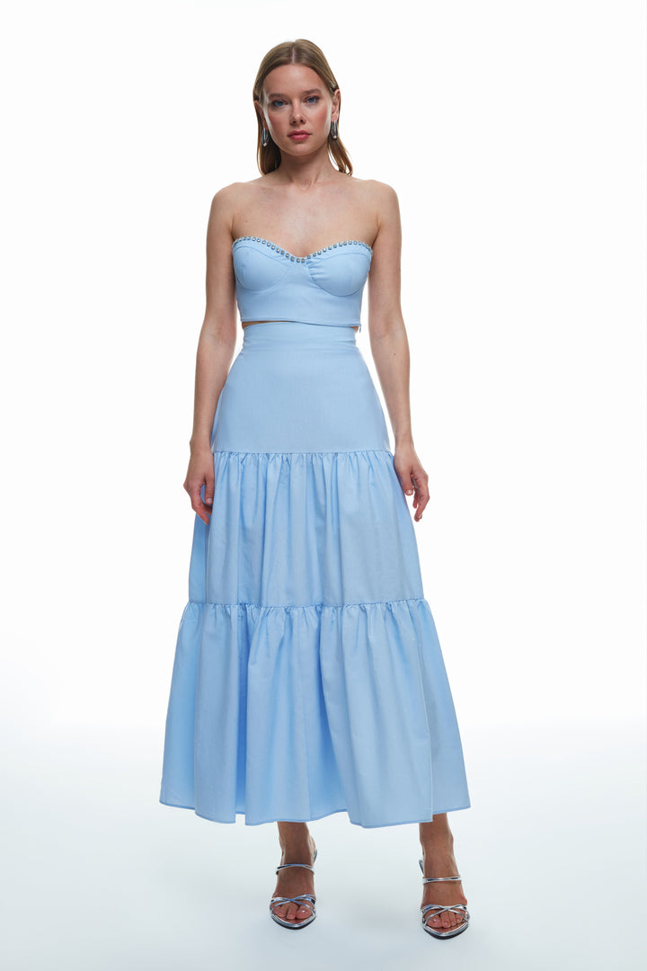 Stone Accessory Strapless Crop Blouse Light Blue