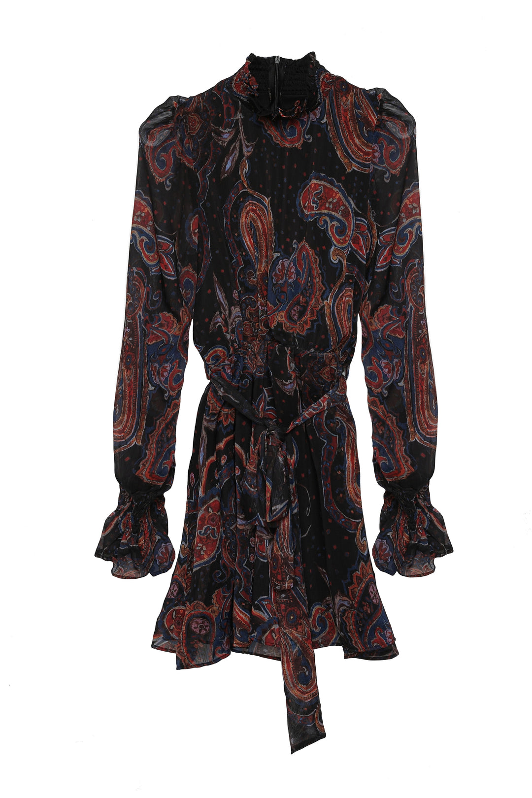 Tie Waist Patterned Short Dress Black