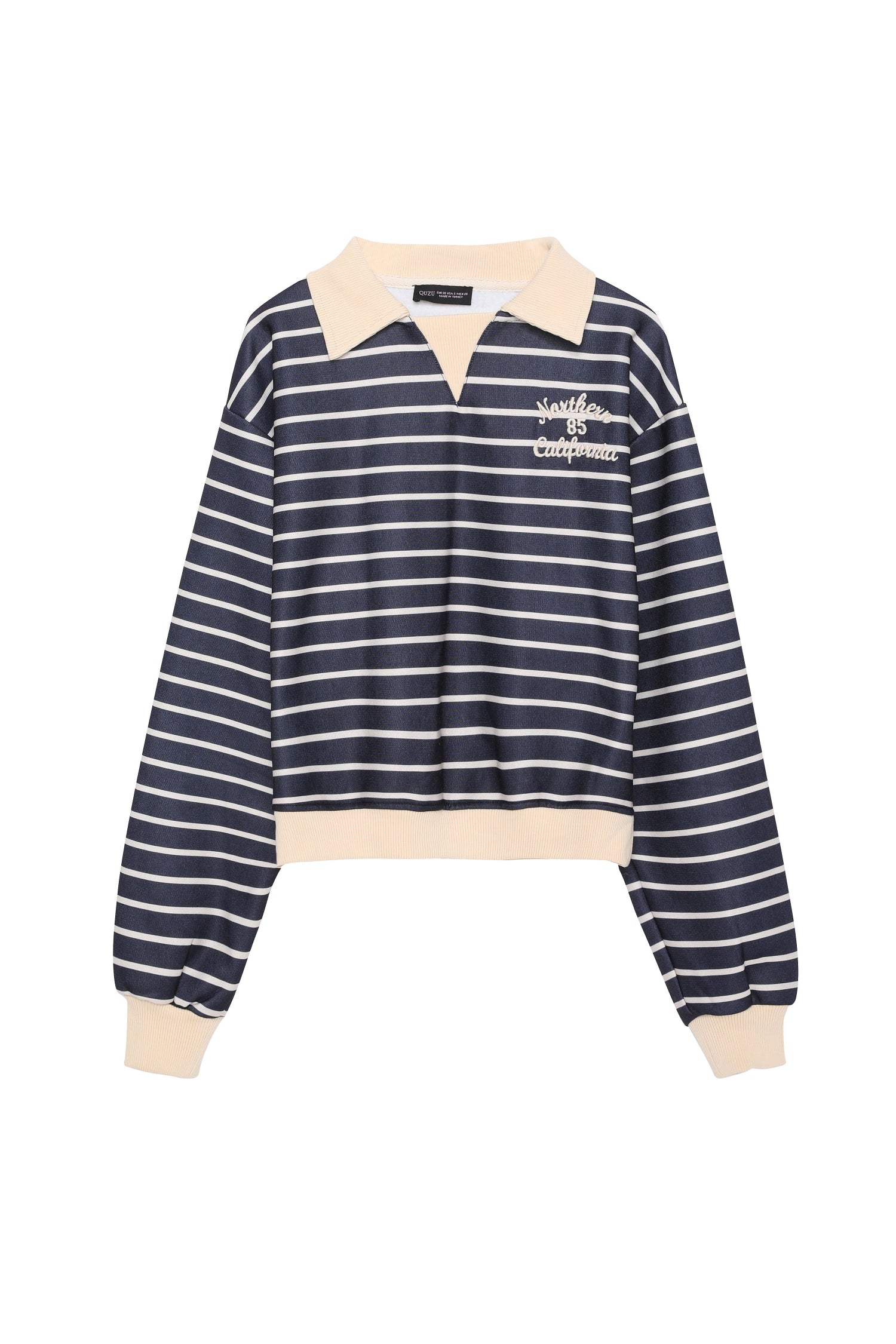 Shirt Collar Striped Sweatshirt Navy Blue