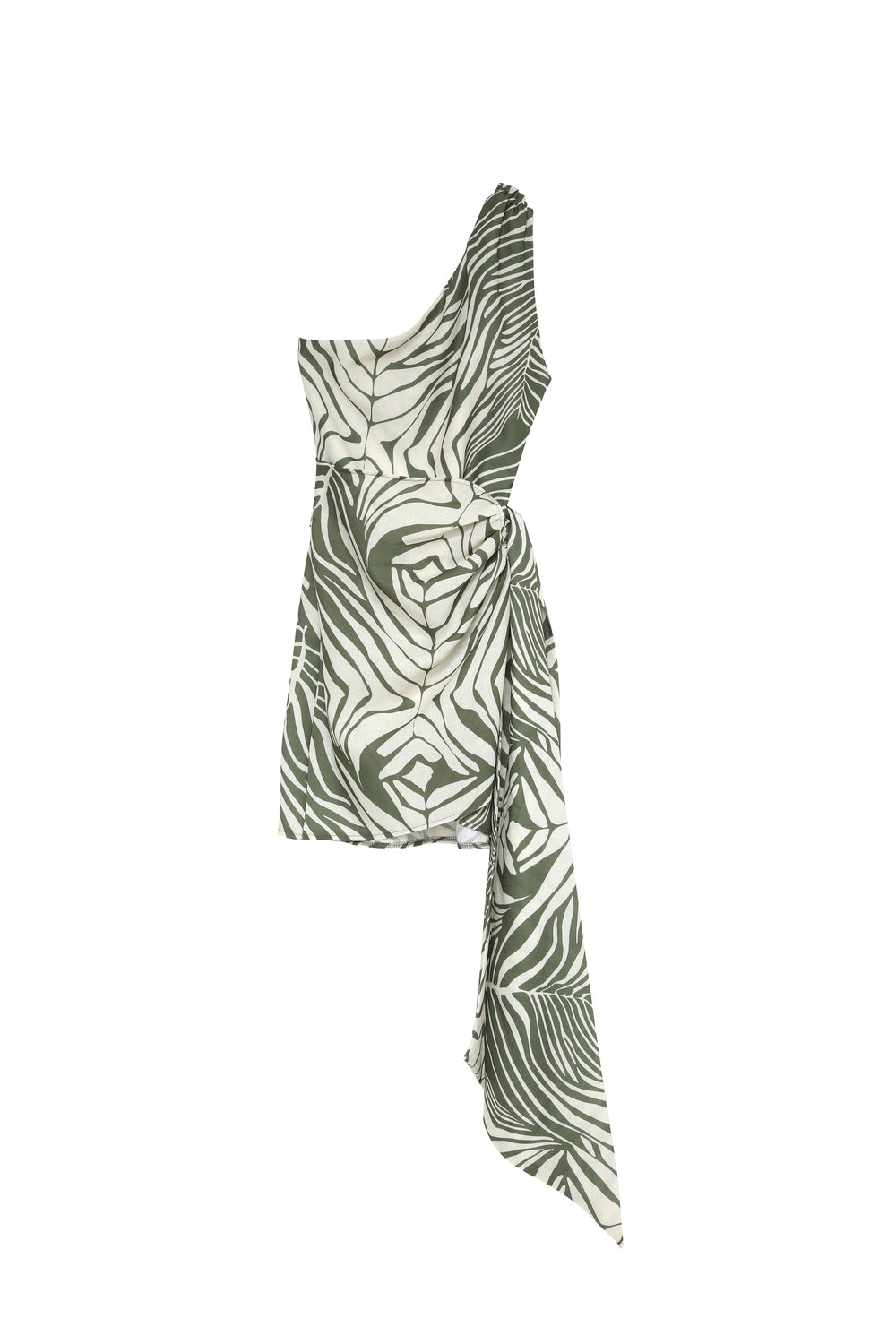 Tie Detailed Patterned One Shoulder Dress Khaki