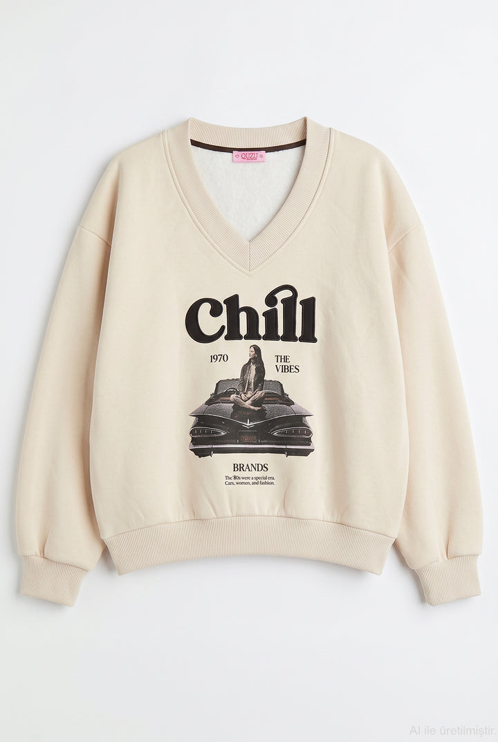 Chill Nakışlı V Yaka Oversize Sweatshirt Bej