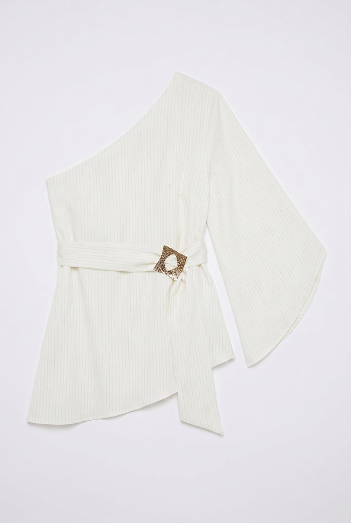 Tek Omuz Tokalı Kuşaklı Bluz Ekru