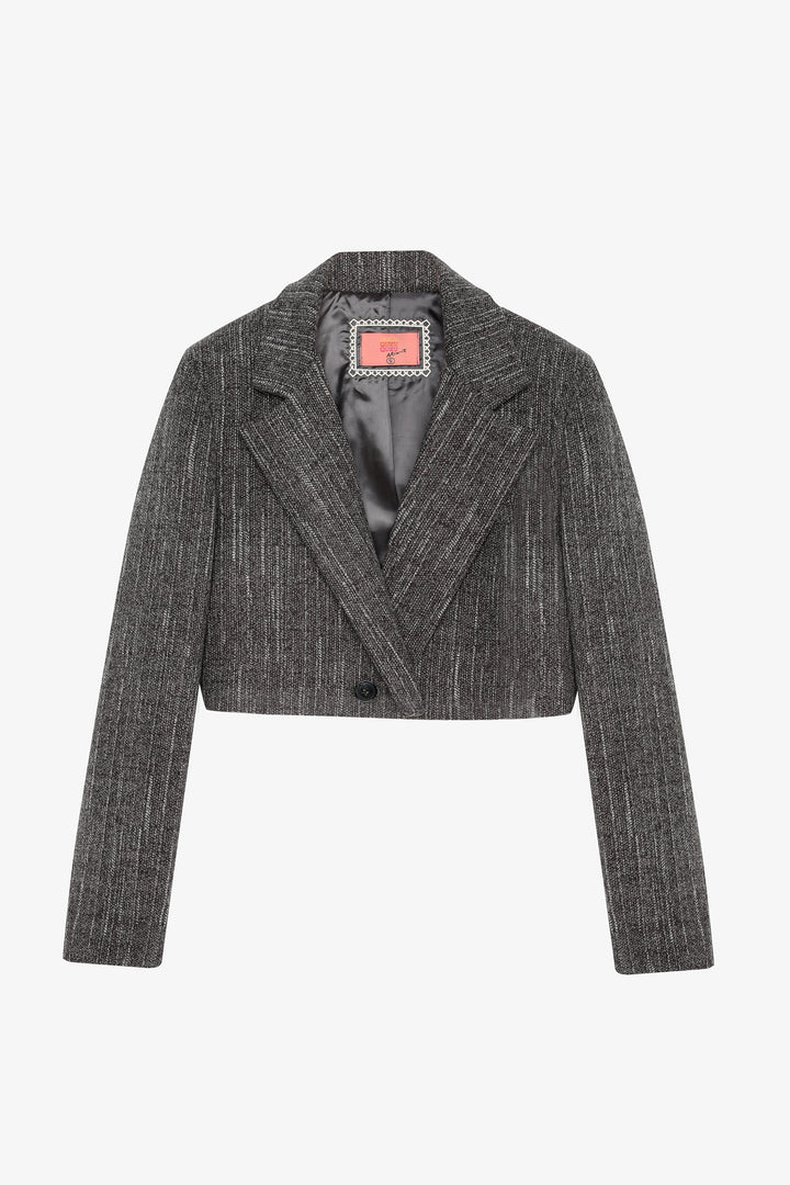 Kruvaze Yaka Kaşe Crop Blazer Ceket Antrasit