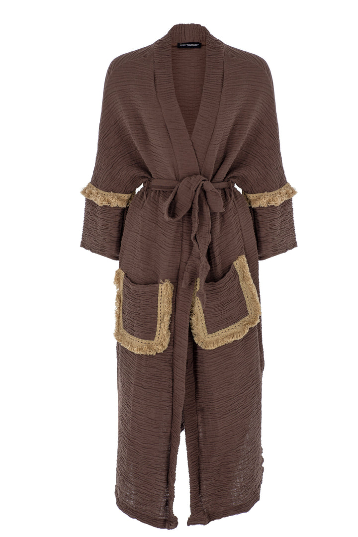 Nakışlı Püsküllü Uzun Kimono Kahverengi