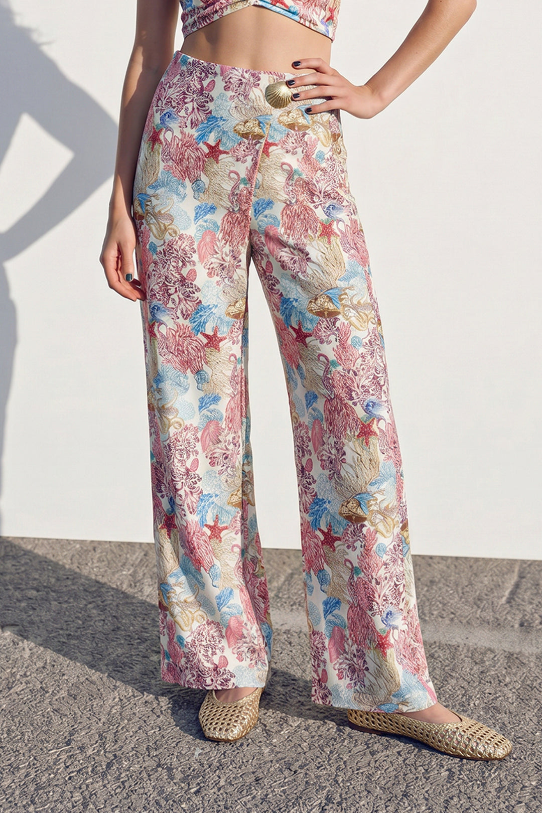 Çiçek Desenli Bol Paça Kruvaze Pantolon Pembe