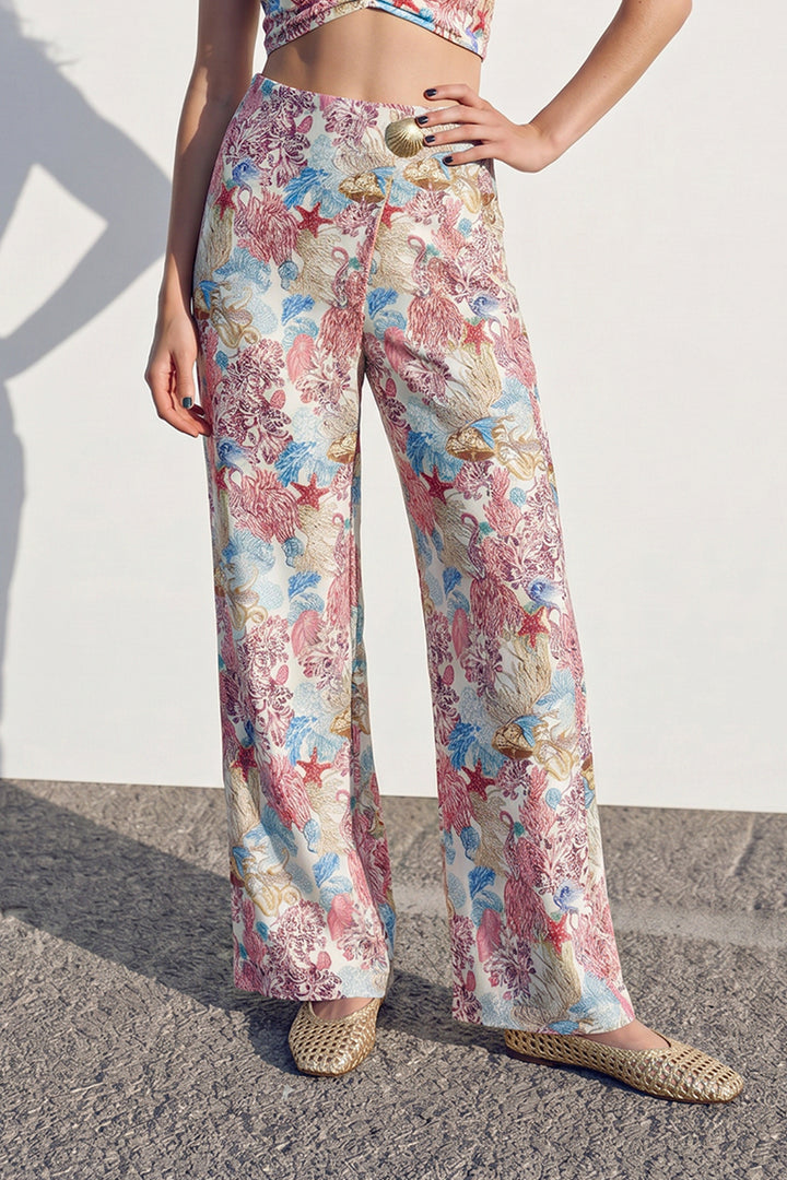 Çiçek Desenli Bol Paça Kruvaze Pantolon Pembe
