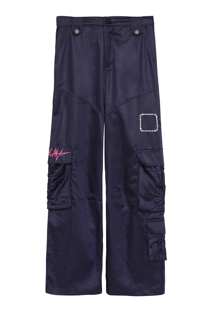 Nakış Detaylı Cepli Yüksek Bel Pantolon Lacivert