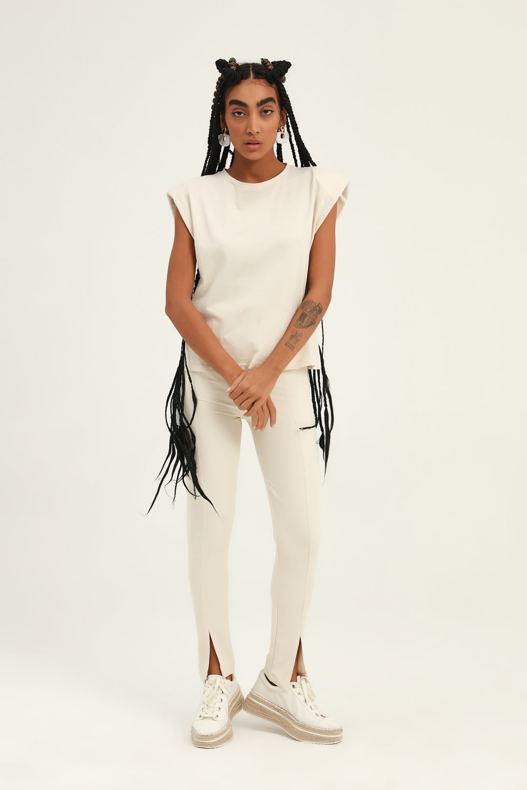 Padded Sleeveless Basic T-Shirt Light Beige