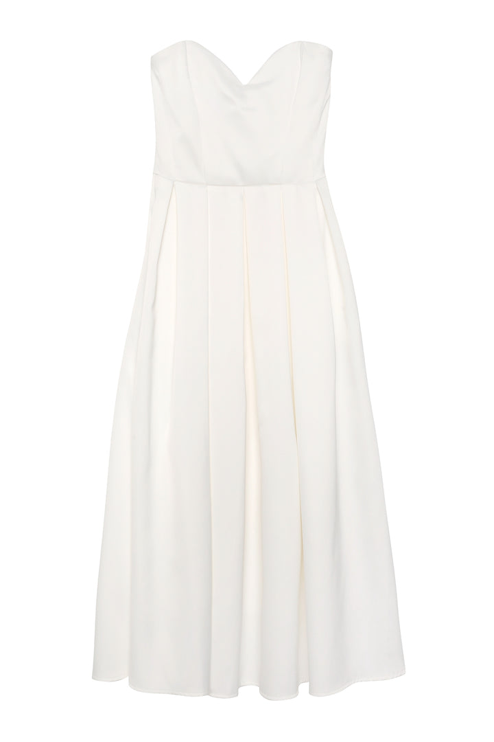 Kalp Yaka Straplez Pileli Elbise Ekru