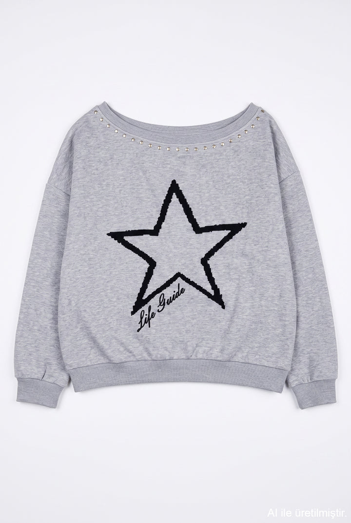 Kayık Yaka Yıldız Baskılı Sweatshirt Grimelanj