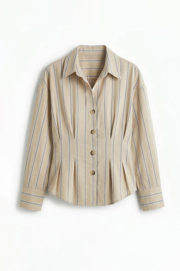 Çizgili Bele Oturan Gömlek Bej