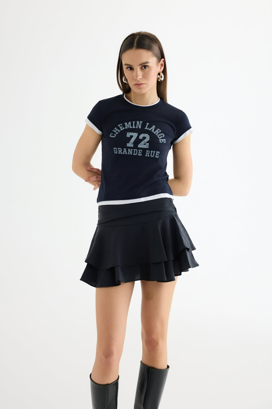 Yazı Baskılı Reglan Garnili Tişört Lacivert