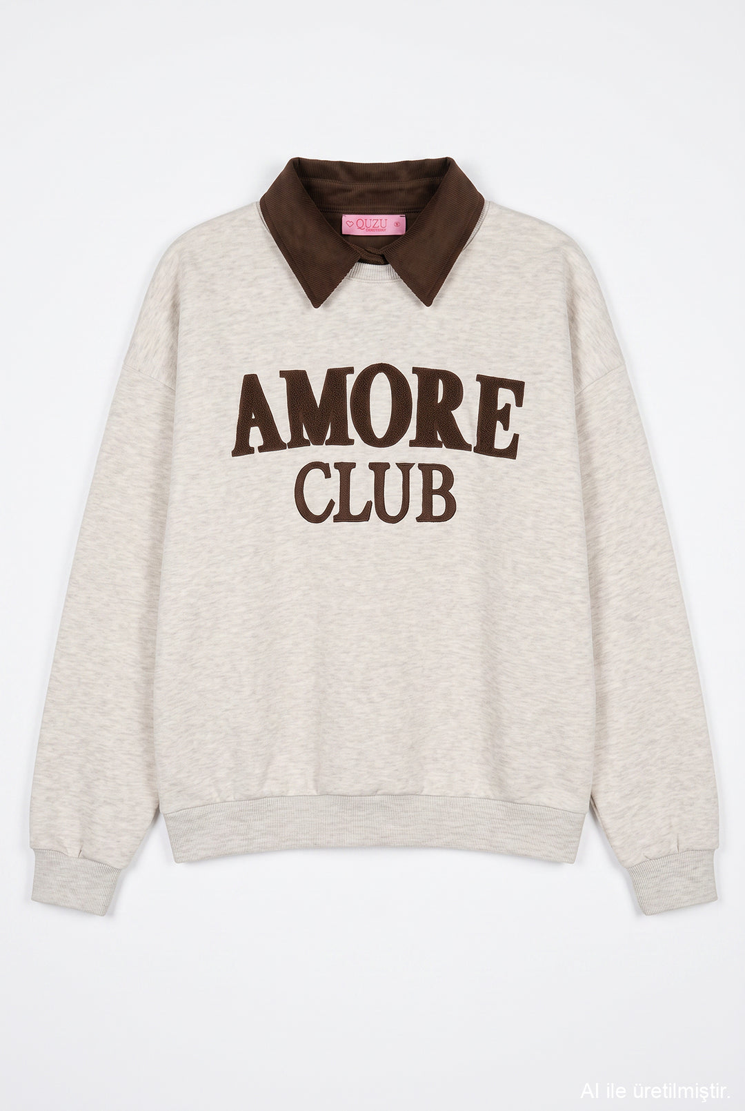 Polo Yaka Amore Nakışlı Oversize Sweatshirt Bejmelanj