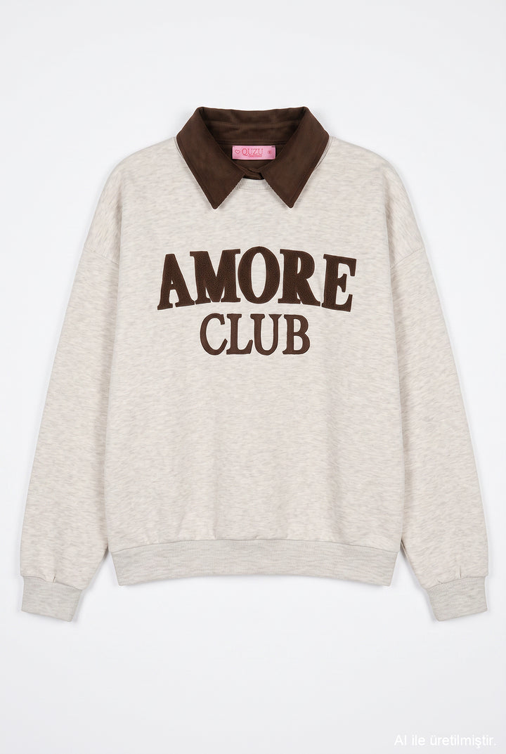 Polo Yaka Amore Nakışlı Oversize Sweatshirt Bejmelanj