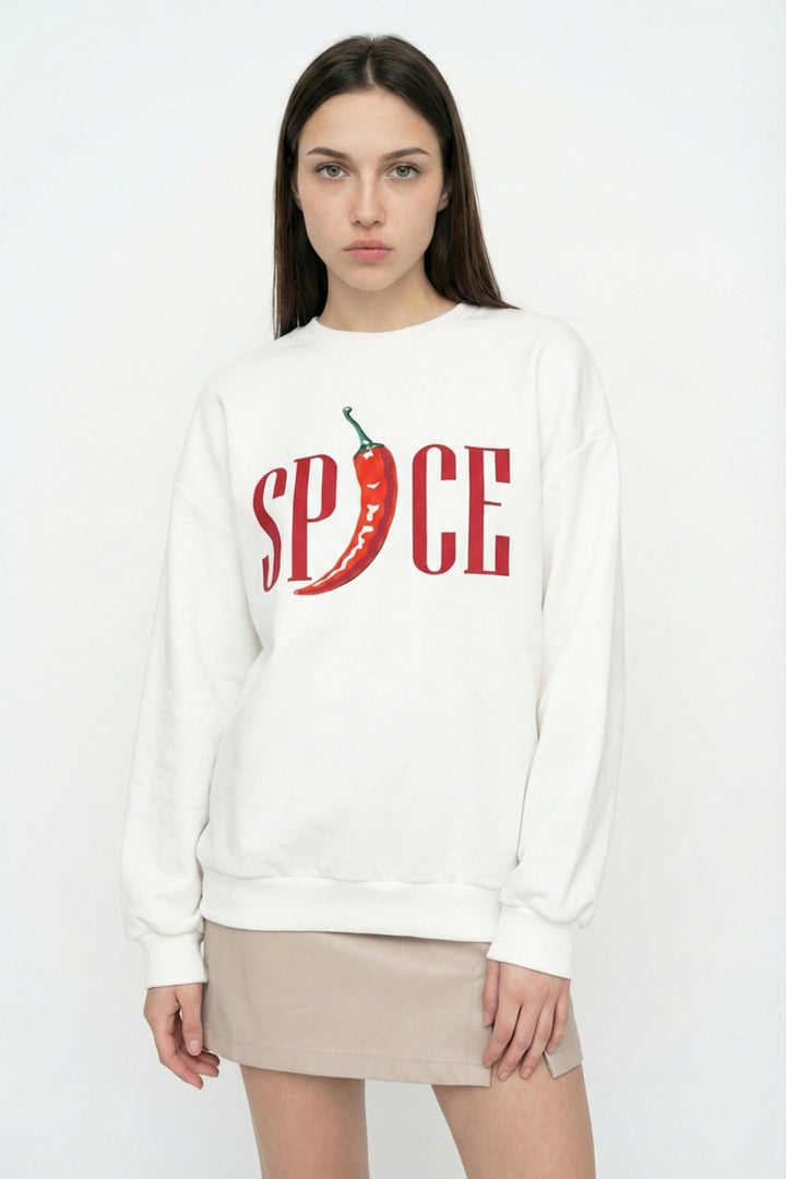 Biber Baskılı Oversize Sweatshirt Ekru