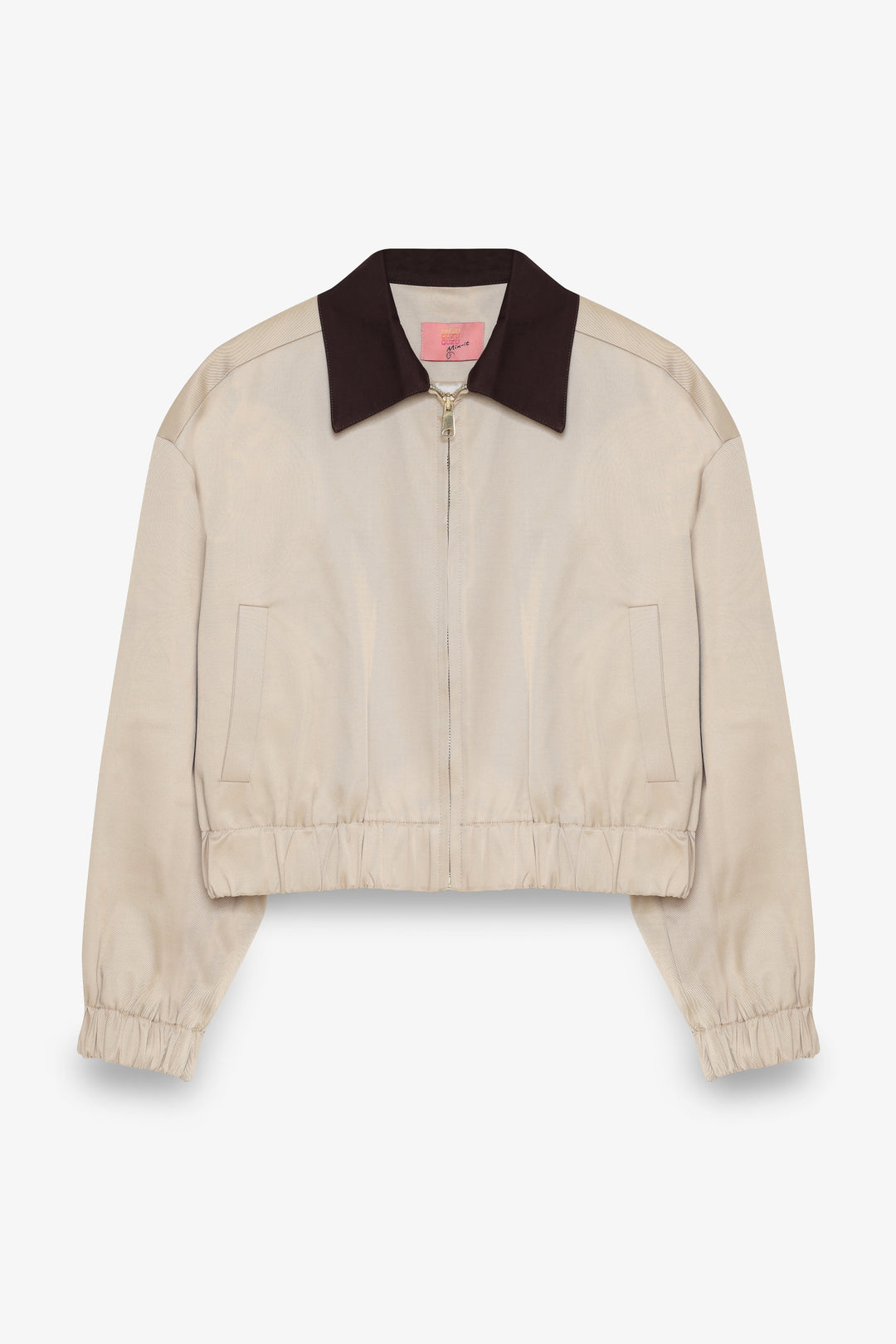 Kontrast Yaka Fermuarlı Bomber Ceket Bej