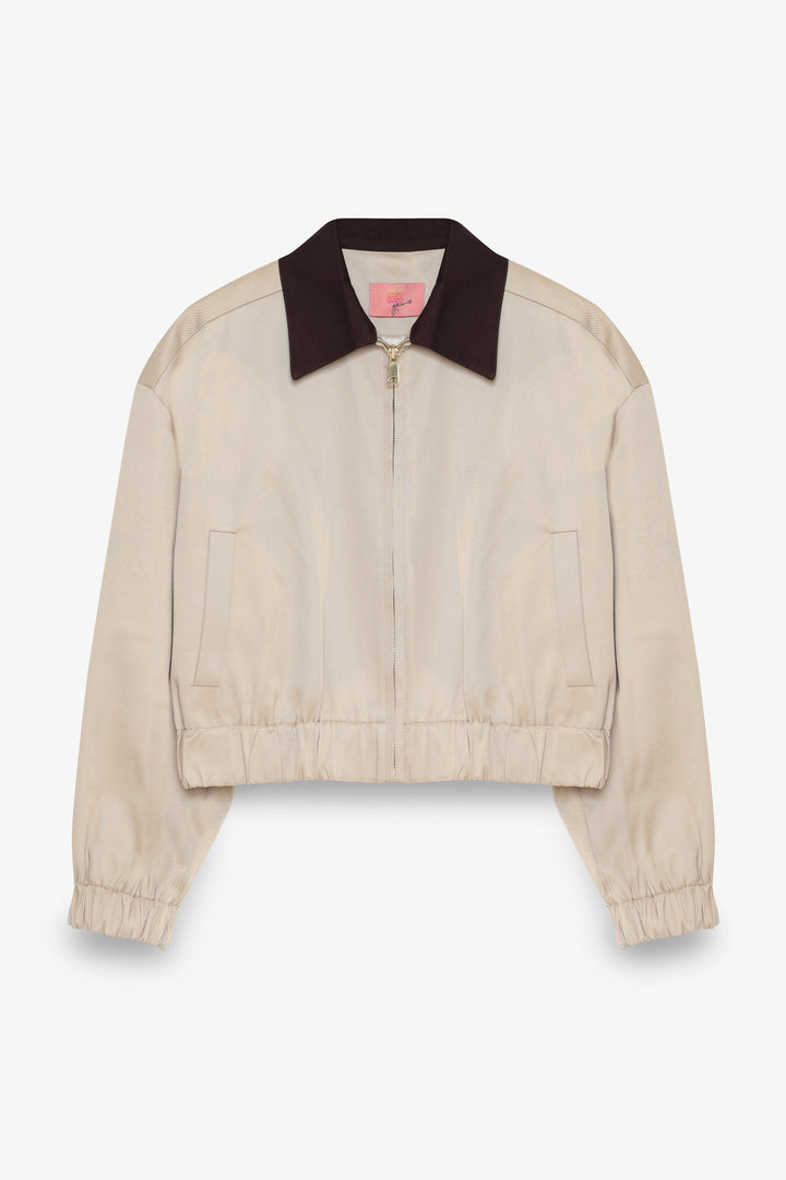 Kontrast Yaka Fermuarlı Bomber Ceket Bej