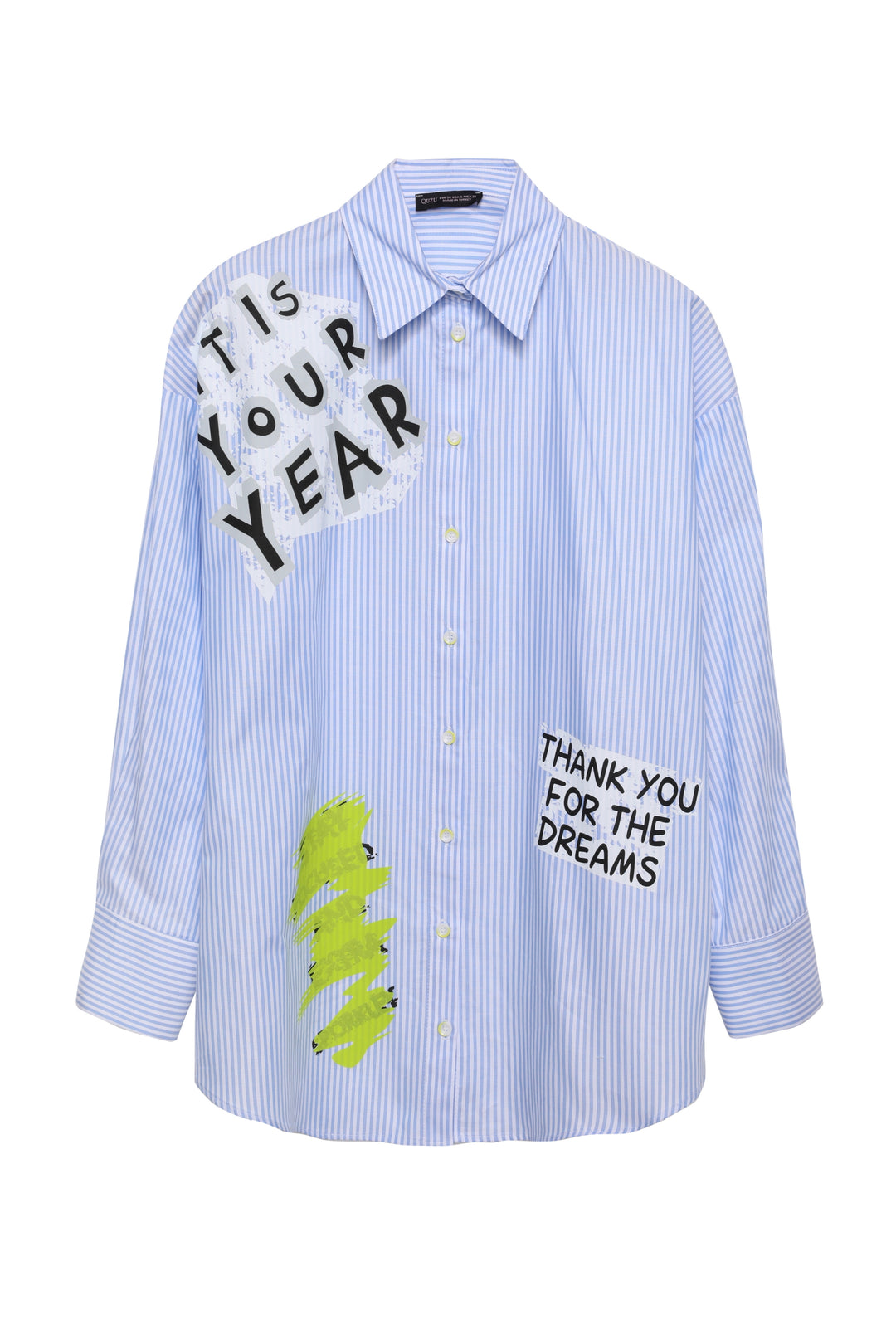 Çizgi Detaylı Baskılı Oversize Gömlek Mavi