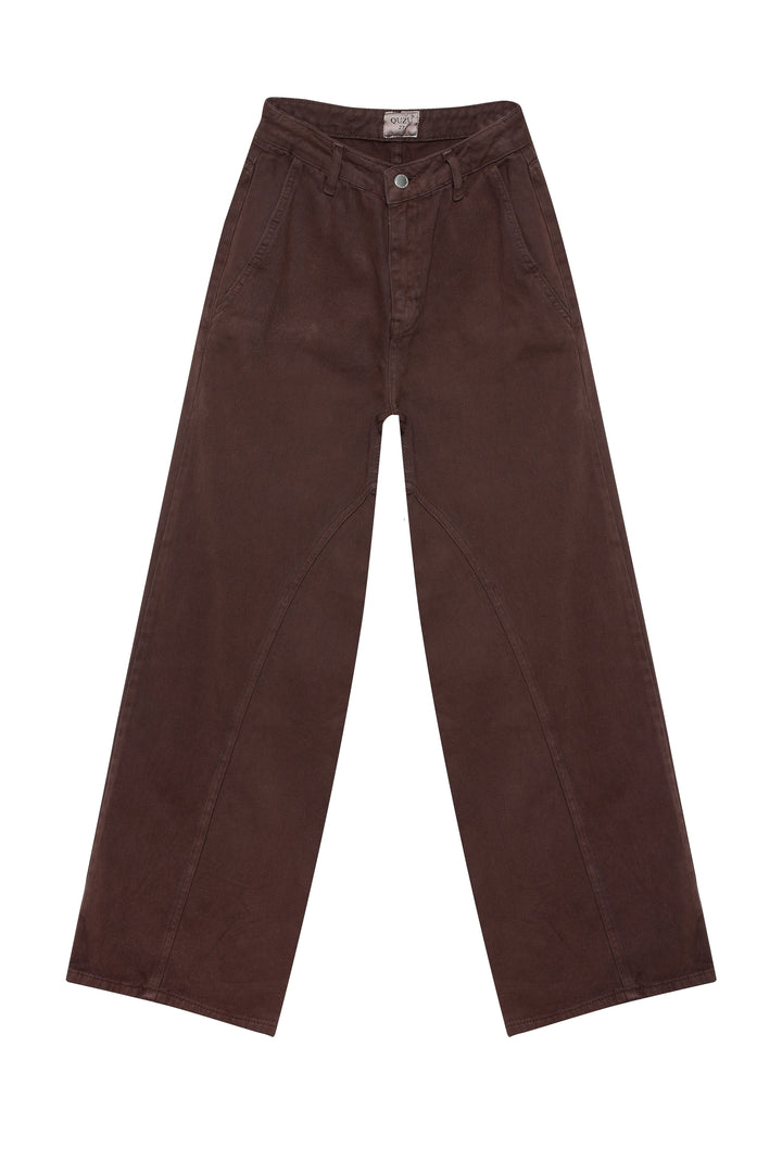 Wide Leg High Waist Denim Trousers Dark Brown