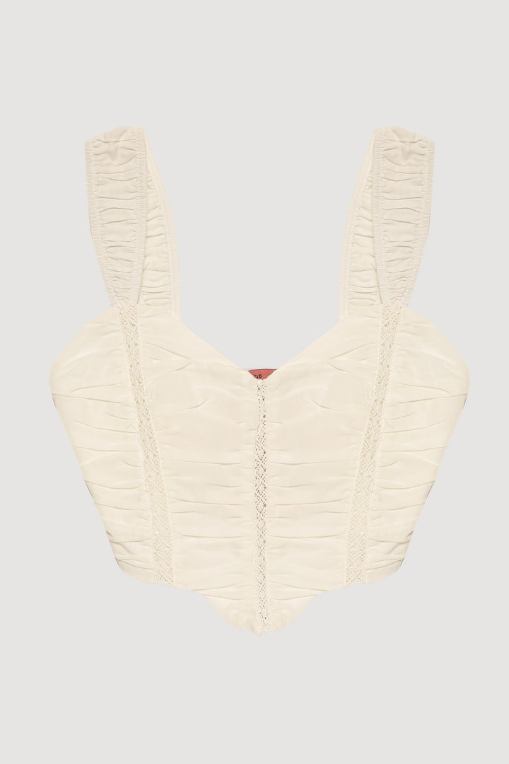 Dantel Detaylı Drapeli Crop Bluz Ekru