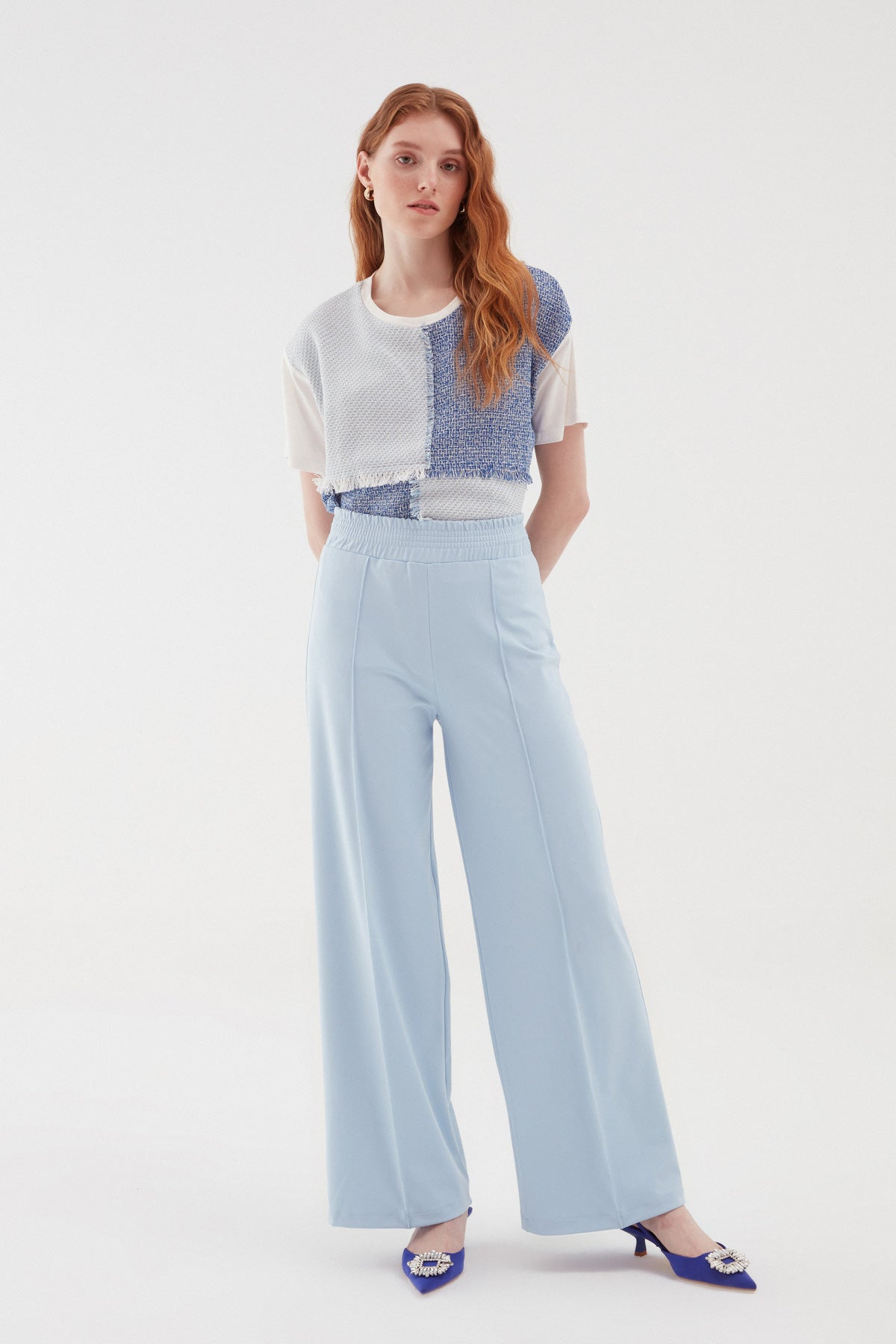 Elastic Waist Wide Trousers Baby Blue