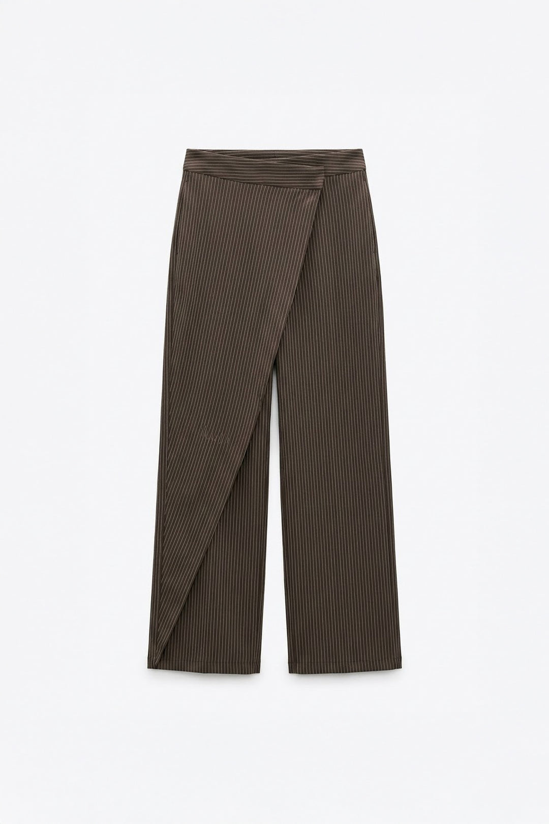 Kruvaze Kapamalı Çizgili Pantolon Kahverengi