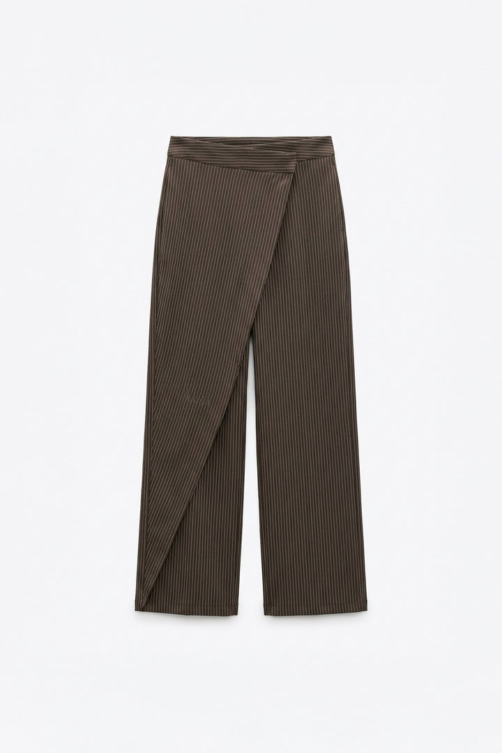 Kruvaze Kapamalı Çizgili Pantolon Kahverengi